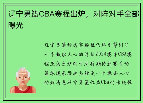 辽宁男篮CBA赛程出炉，对阵对手全部曝光